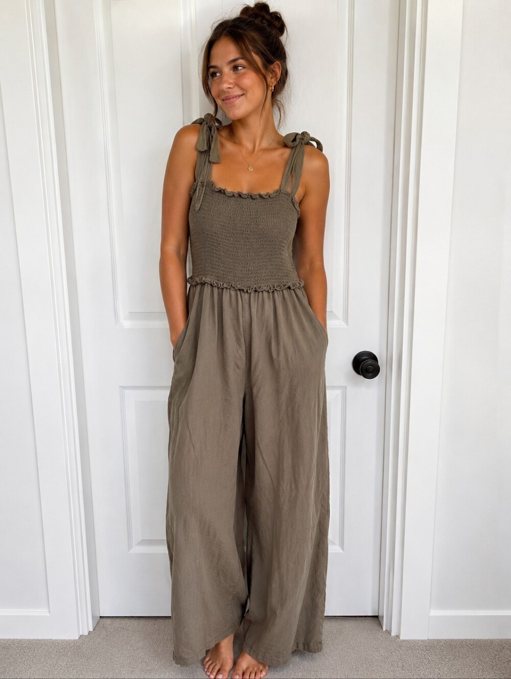 Eesome Smocked Tie-Shoulder Wide-Leg Jumpsuit - Olive
